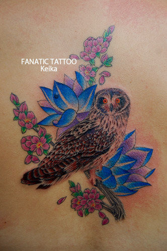Owl&Lotus&Cherryblossom Tattoo フクロウと蓮と桜のタトゥー/Keika_FanaticTattoo