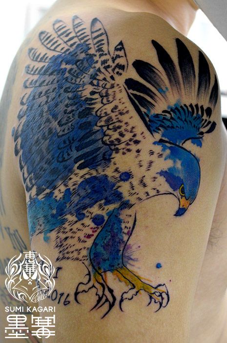 ハヤブサの水彩タトゥー Falcon Watercolor Tattoo,刺青・タトゥースタジオ 女性彫師 恵華-Keika-